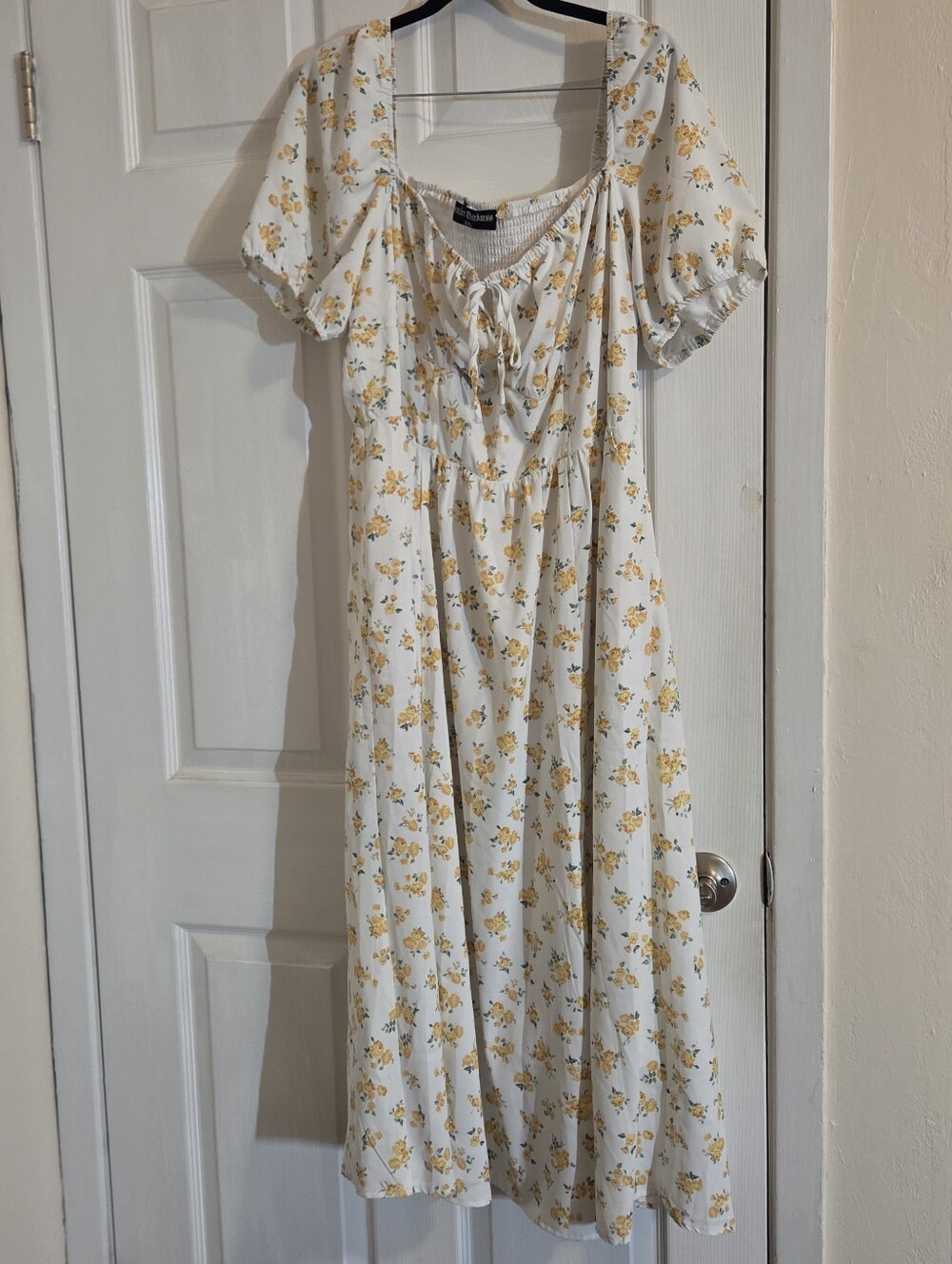 Floral Tie-Front Midi Dress - White with Yellow Flowers